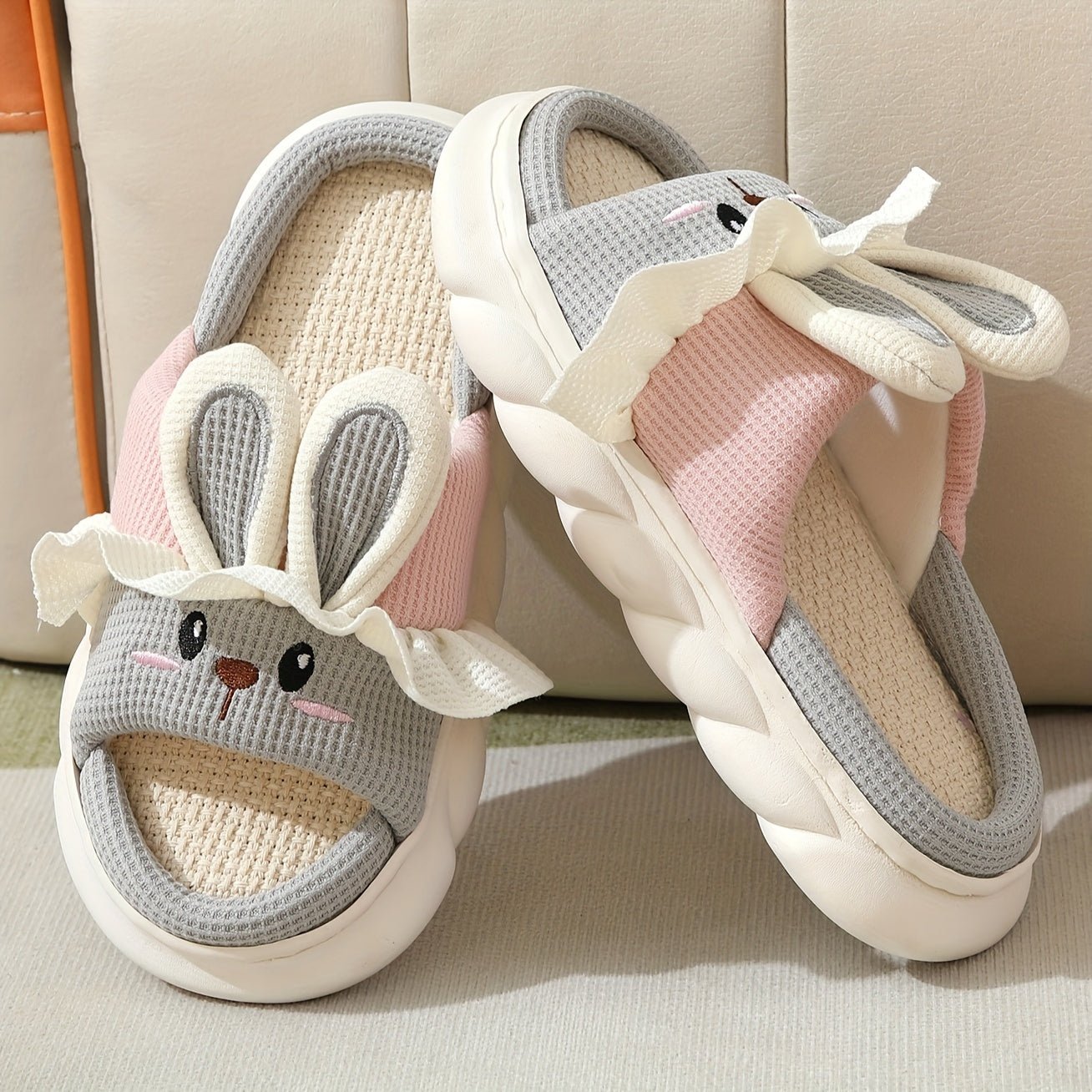 Nine 11 Kawaii Bunny House Slippers, Breathable Open Toe Soft Sole Flatform Shoes, Comfy Indoor Slippers - Nine 11