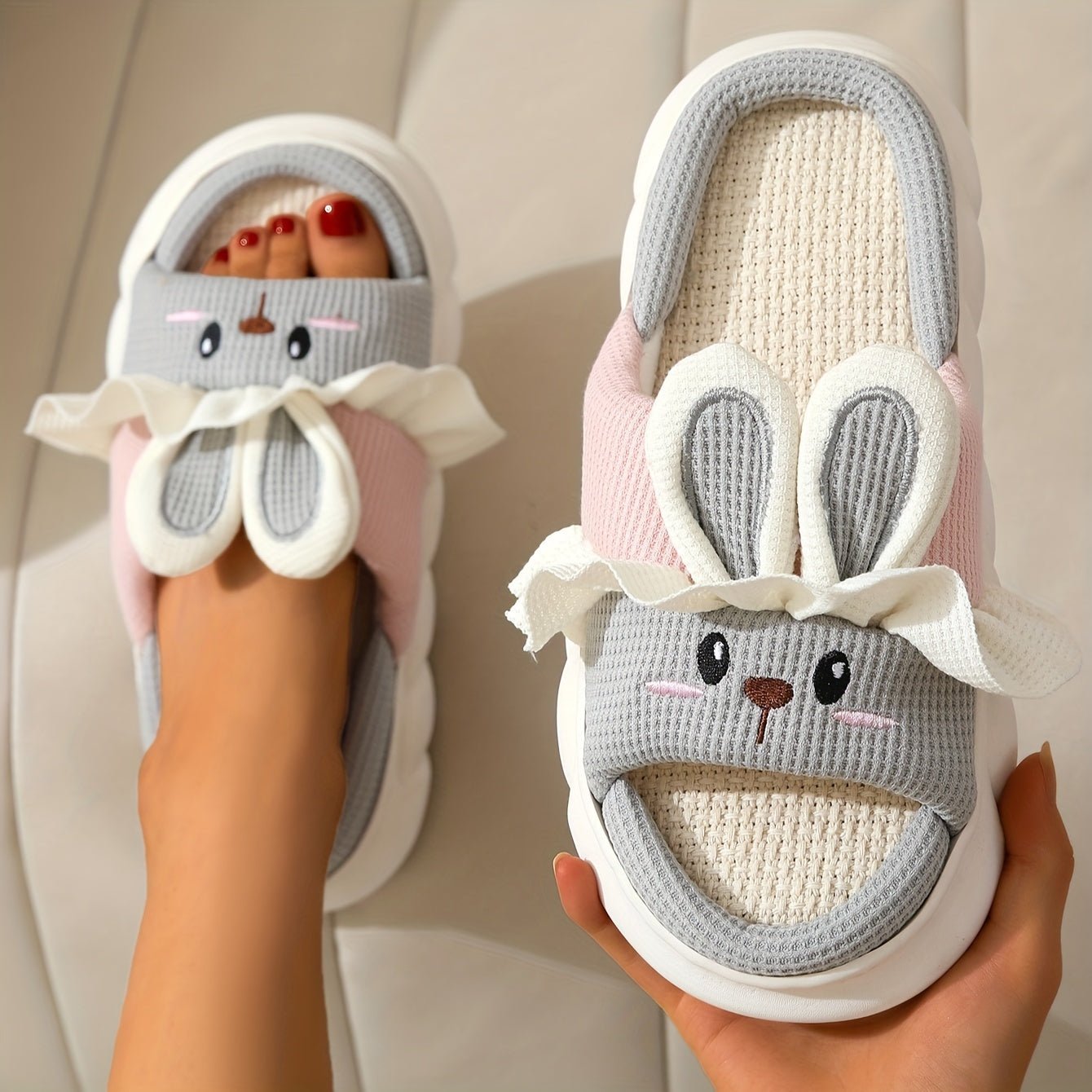 Nine 11 Kawaii Bunny House Slippers, Breathable Open Toe Soft Sole Flatform Shoes, Comfy Indoor Slippers - Nine 11