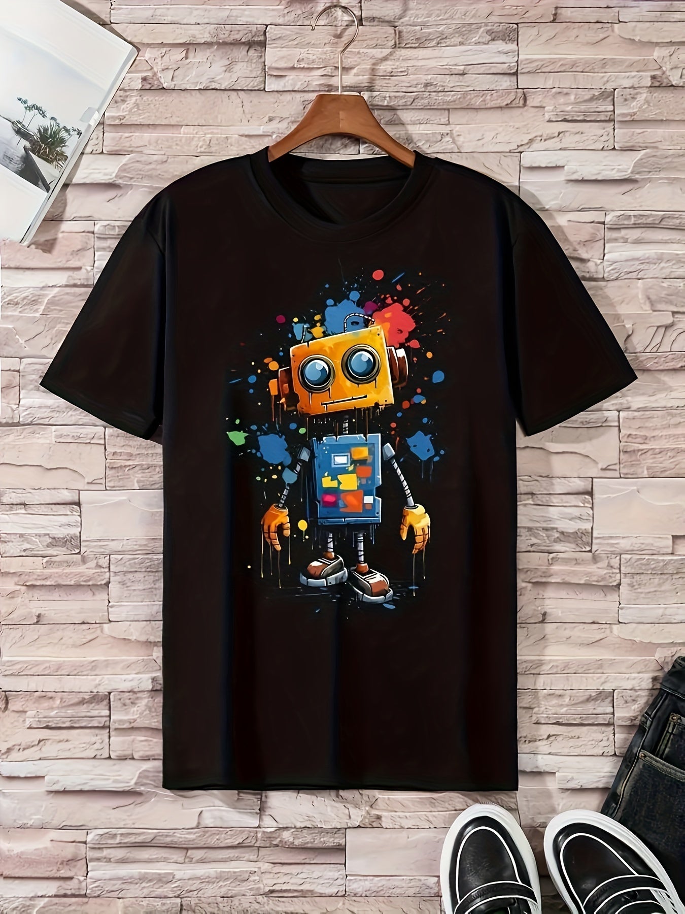 Nine 11 Men's 100% Cotton Robot Graphic Print T-shirt, Casual Short Sleeve Crew Neck Tee, Men's Clothing For Outdoor - Nine 11