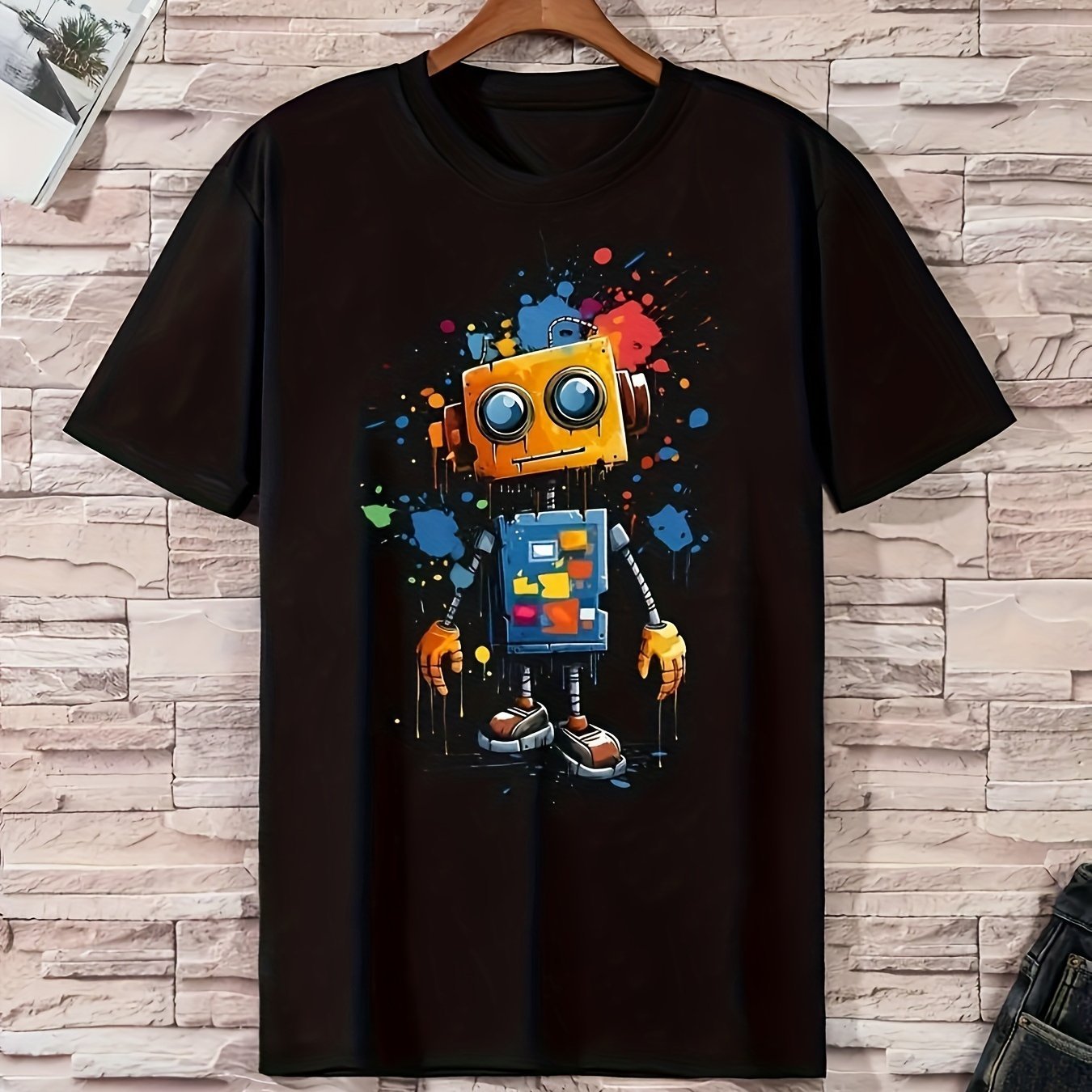 Nine 11 Men's 100% Cotton Robot Graphic Print T-shirt, Casual Short Sleeve Crew Neck Tee, Men's Clothing For Outdoor - Nine 11