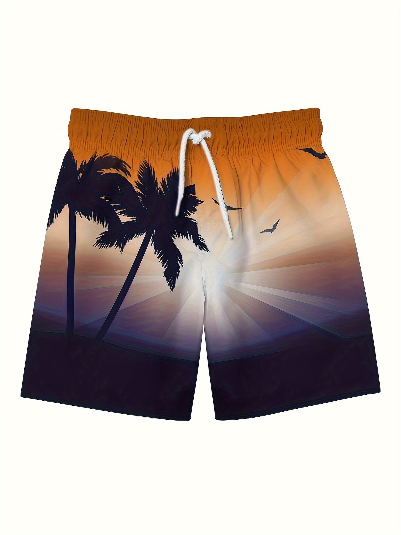 Nine 11 Men's Beach Theme Coconut Tree And Sea Gull Pattern Shorts With Drawstring And Pockets, Chic And Trendy Shorts For Summer Leisurewear And Beach Vacation - Nine 11