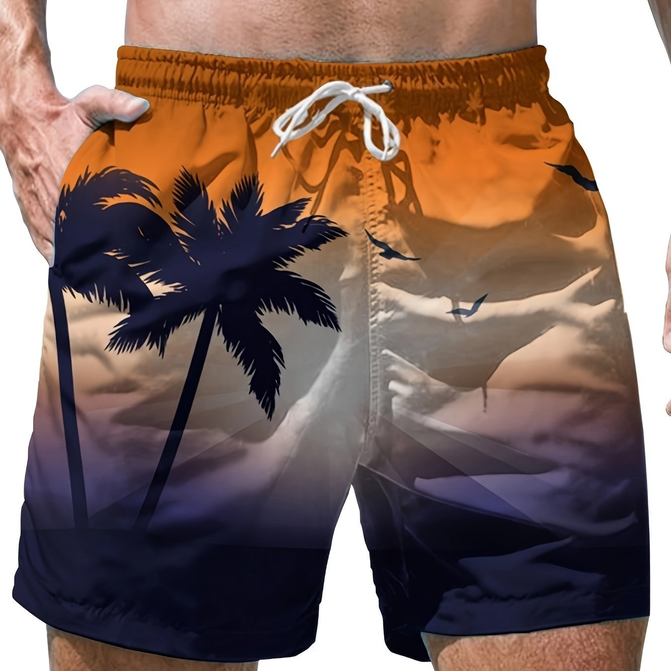 Nine 11 Men's Beach Theme Coconut Tree And Sea Gull Pattern Shorts With Drawstring And Pockets, Chic And Trendy Shorts For Summer Leisurewear And Beach Vacation - Nine 11