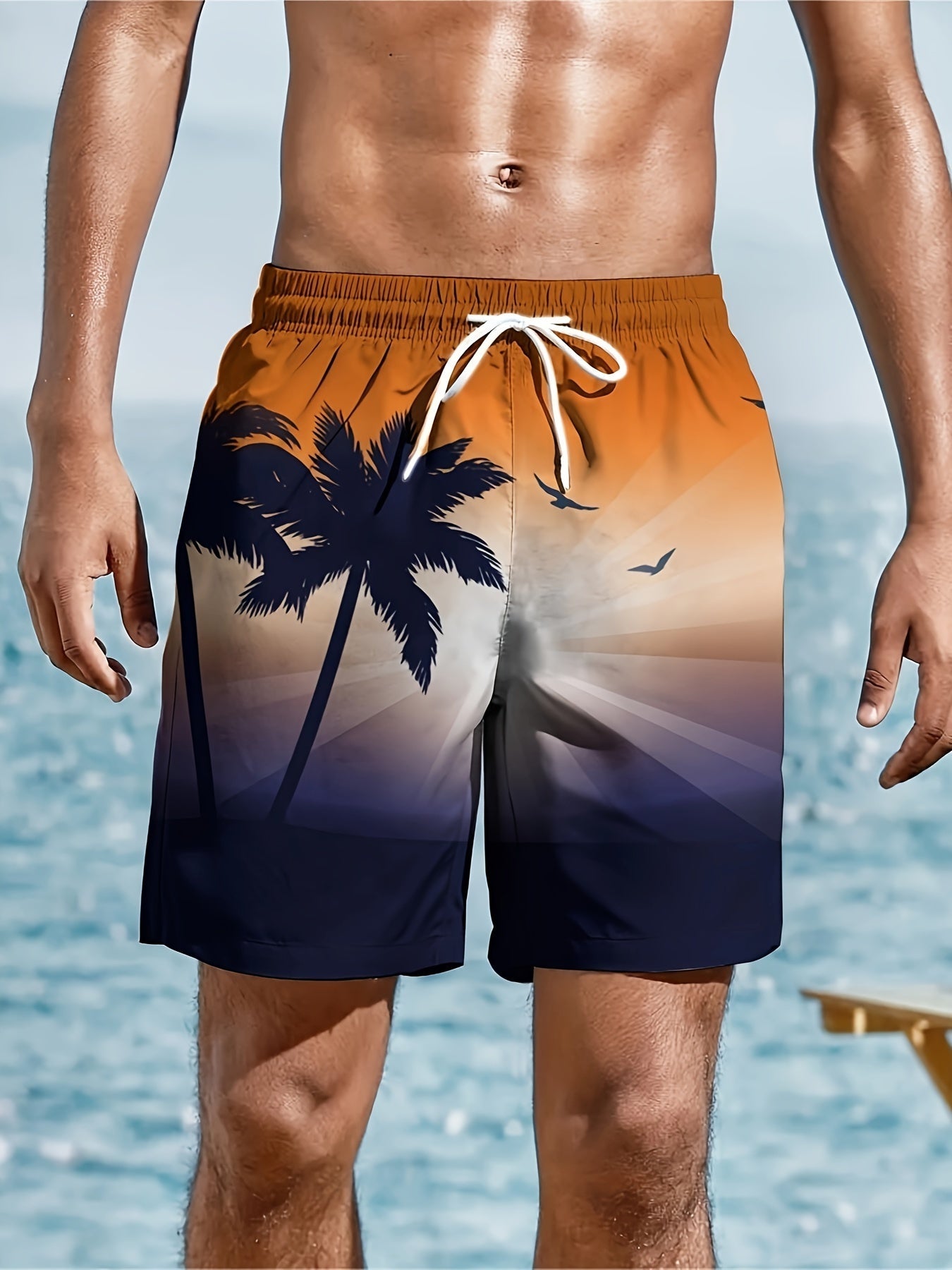 Nine 11 Men's Beach Theme Coconut Tree And Sea Gull Pattern Shorts With Drawstring And Pockets, Chic And Trendy Shorts For Summer Leisurewear And Beach Vacation - Nine 11