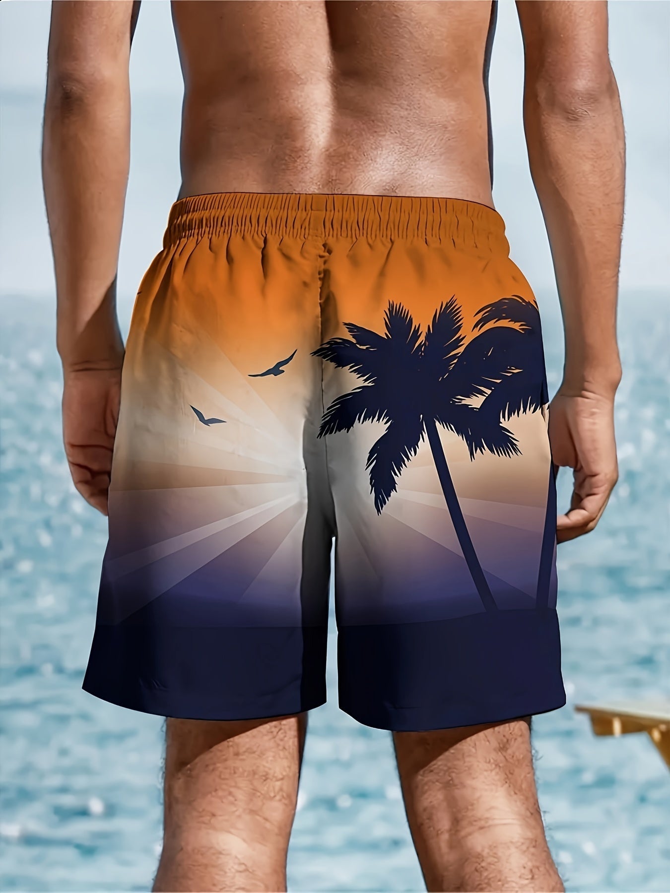 Nine 11 Men's Beach Theme Coconut Tree And Sea Gull Pattern Shorts With Drawstring And Pockets, Chic And Trendy Shorts For Summer Leisurewear And Beach Vacation - Nine 11