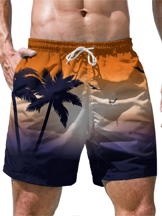 Nine 11 Men's Beach Theme Coconut Tree And Sea Gull Pattern Shorts With Drawstring And Pockets, Chic And Trendy Shorts For Summer Leisurewear And Beach Vacation - Nine 11