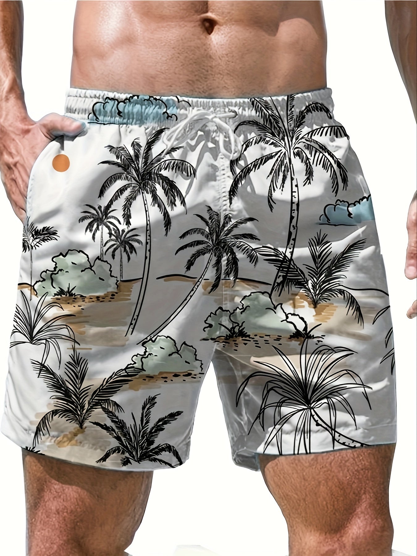 Nine 11 Men's Beach Theme Sketch Pattern Shorts With Drawstring And Pockets, Casual And Chic Shorts For Summer Leisurewear And Beach Vacation - Nine 11