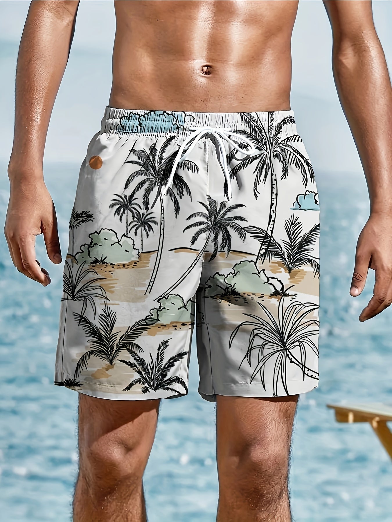 Nine 11 Men's Beach Theme Sketch Pattern Shorts With Drawstring And Pockets, Casual And Chic Shorts For Summer Leisurewear And Beach Vacation - Nine 11