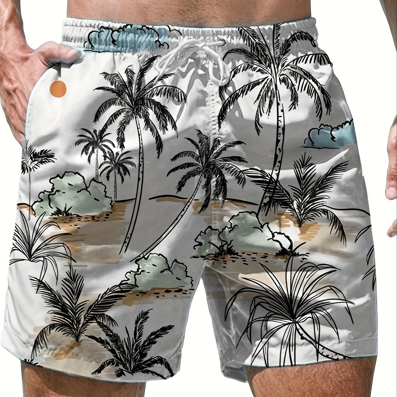 Nine 11 Men's Beach Theme Sketch Pattern Shorts With Drawstring And Pockets, Casual And Chic Shorts For Summer Leisurewear And Beach Vacation - Nine 11