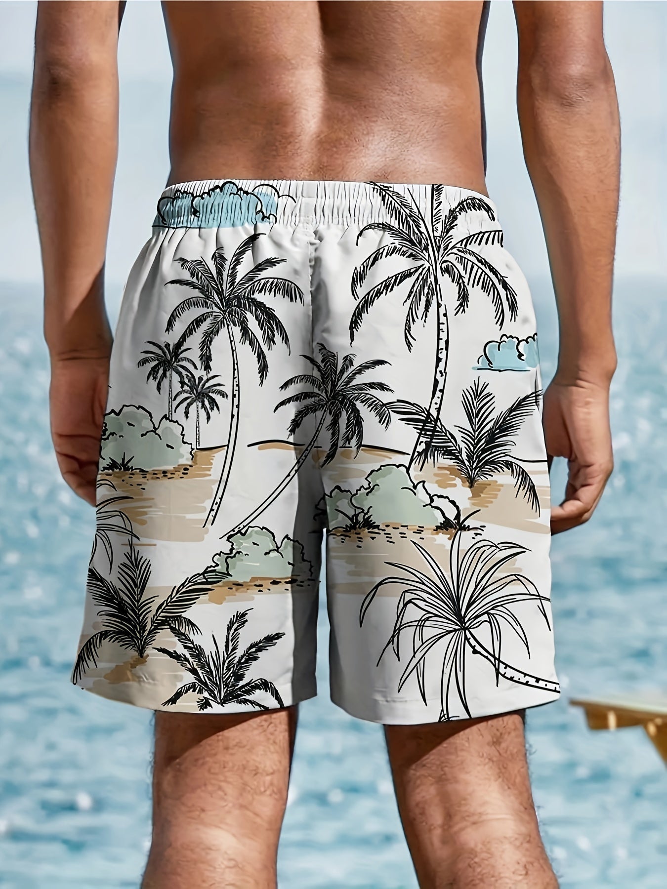 Nine 11 Men's Beach Theme Sketch Pattern Shorts With Drawstring And Pockets, Casual And Chic Shorts For Summer Leisurewear And Beach Vacation - Nine 11