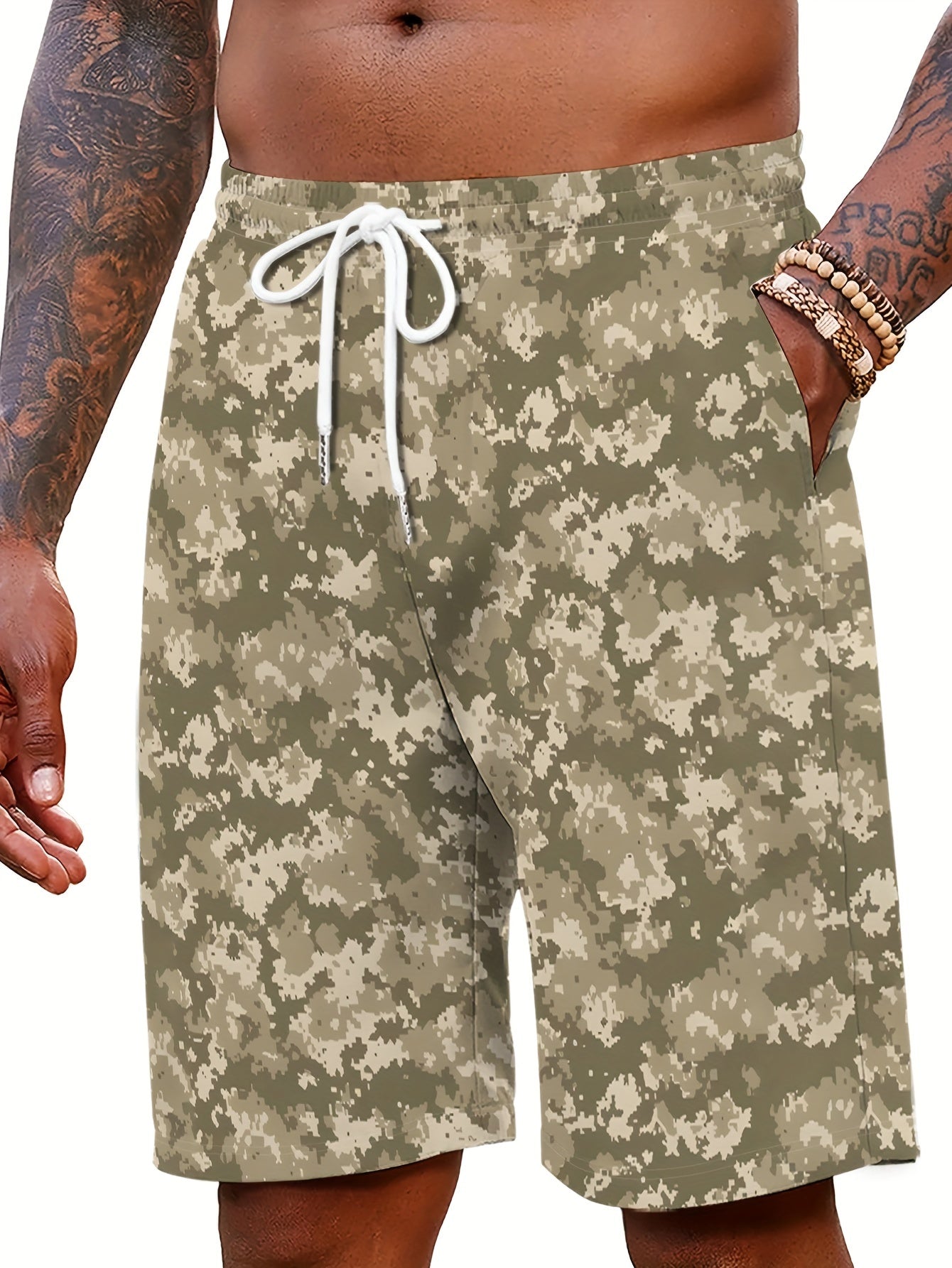 Nine 11 Men's Camouflage Print Board Shorts With Drawstring And Pockets, Casual Sports Bottoms For Beach Vacation And Outdoors Activities - Nine 11