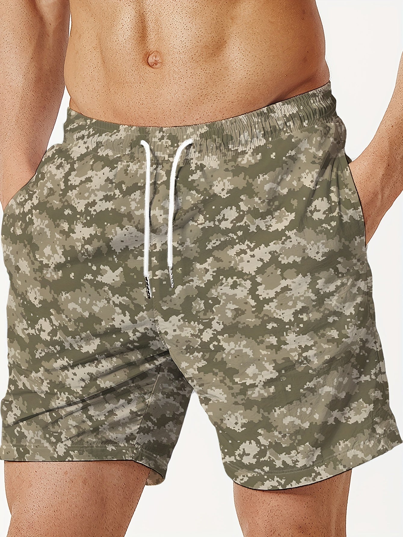 Nine 11 Men's Camouflage Print Board Shorts With Drawstring And Pockets, Casual Sports Bottoms For Beach Vacation And Outdoors Activities - Nine 11