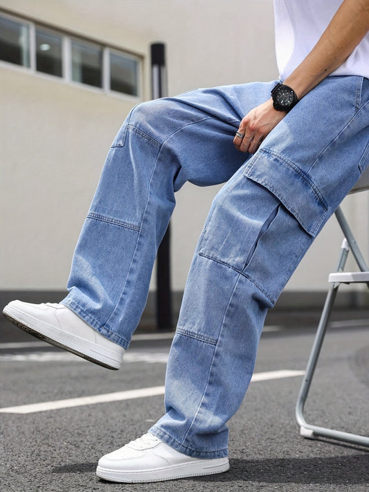 Nine 11 Men's Casual Cotton Cargo Denim Pants With Pockets - Stylish Versatile Trousers - Nine 11