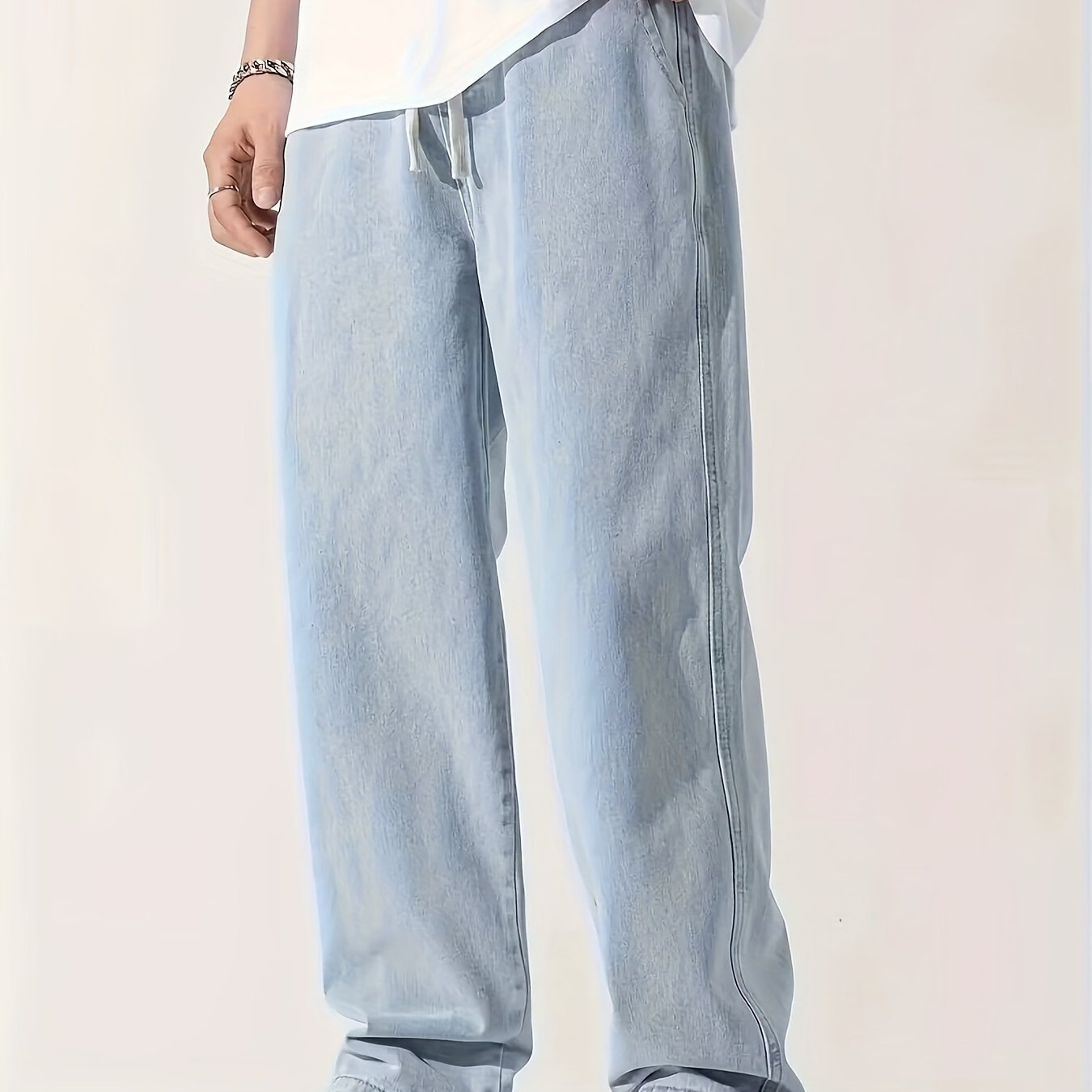 Nine 11 Men's Casual Light Blue Jeans, Loose Straight Trousers, Versatile Drawstring Elastic Waist Band Long Pants - Nine 11