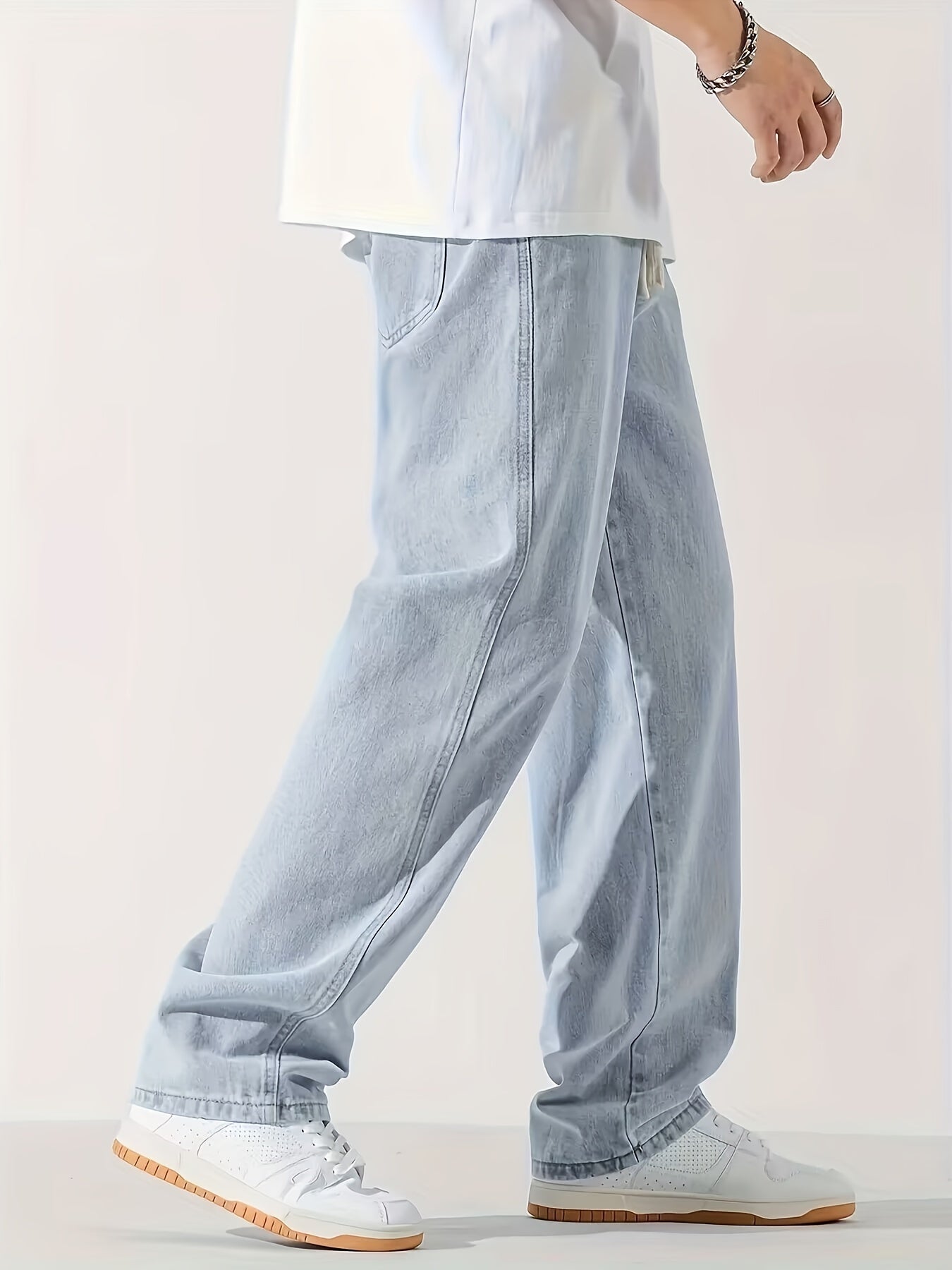 Nine 11 Men's Casual Light Blue Jeans, Loose Straight Trousers, Versatile Drawstring Elastic Waist Band Long Pants - Nine 11