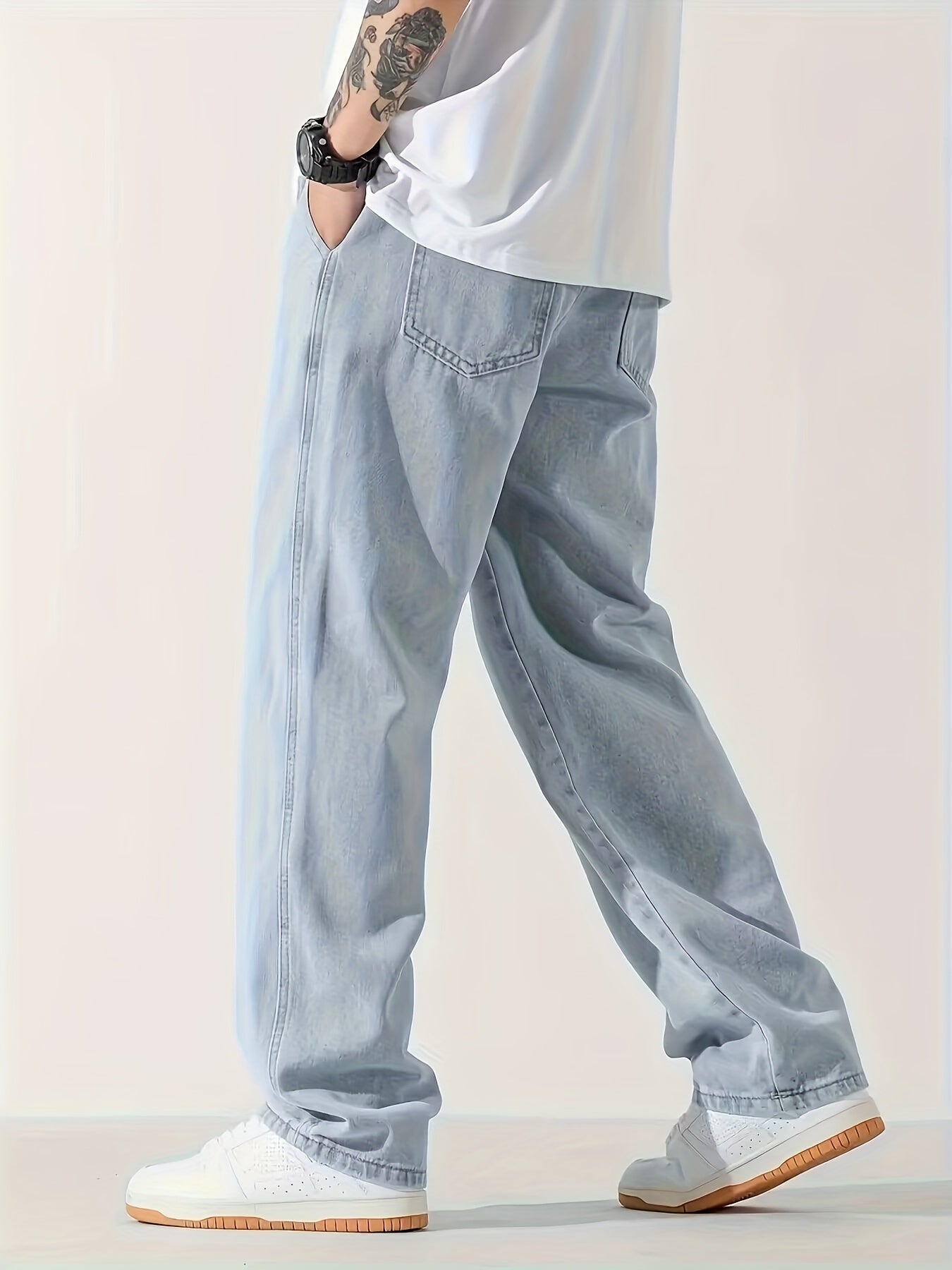 Nine 11 Men's Casual Light Blue Jeans, Loose Straight Trousers, Versatile Drawstring Elastic Waist Band Long Pants - Nine 11