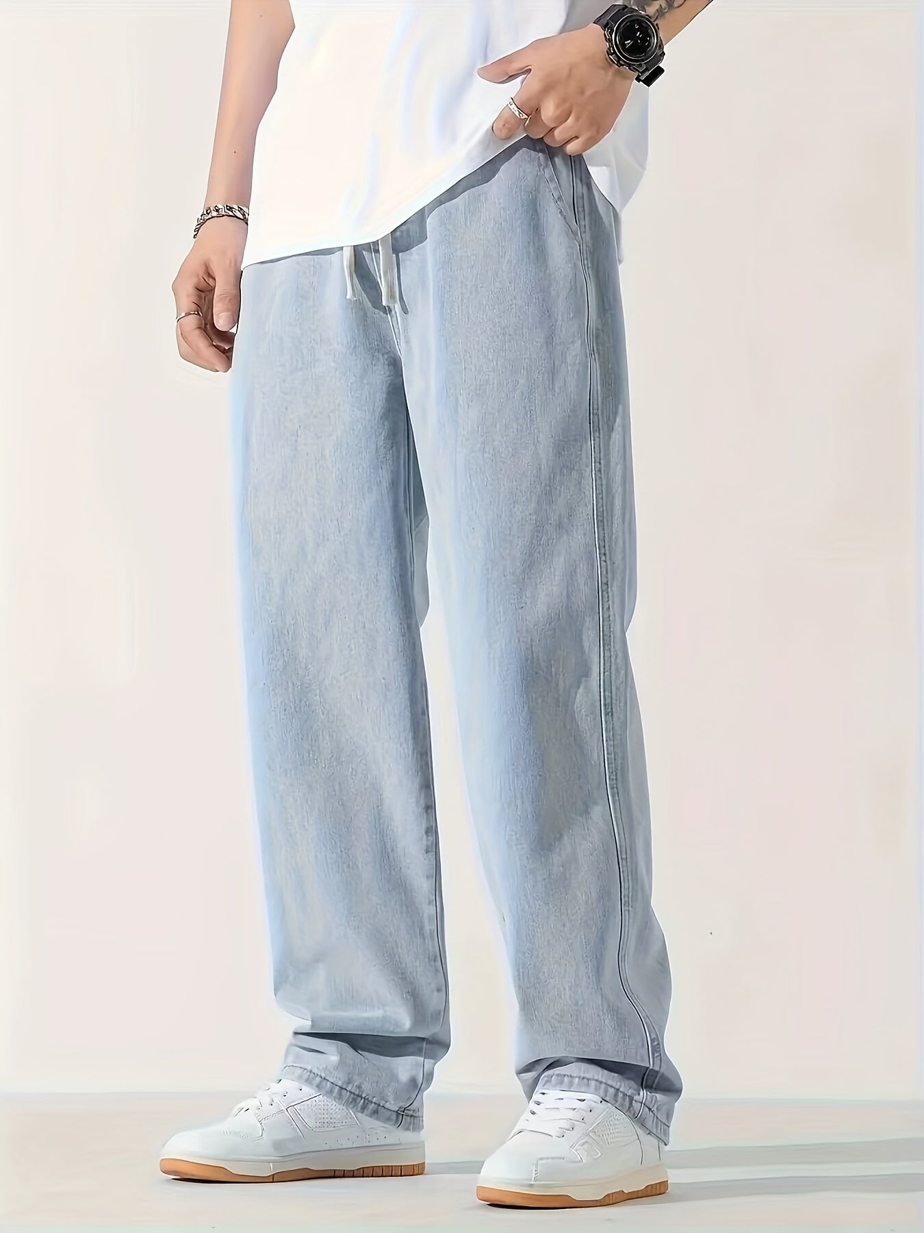 Nine 11 Men's Casual Light Blue Jeans, Loose Straight Trousers, Versatile Drawstring Elastic Waist Band Long Pants - Nine 11