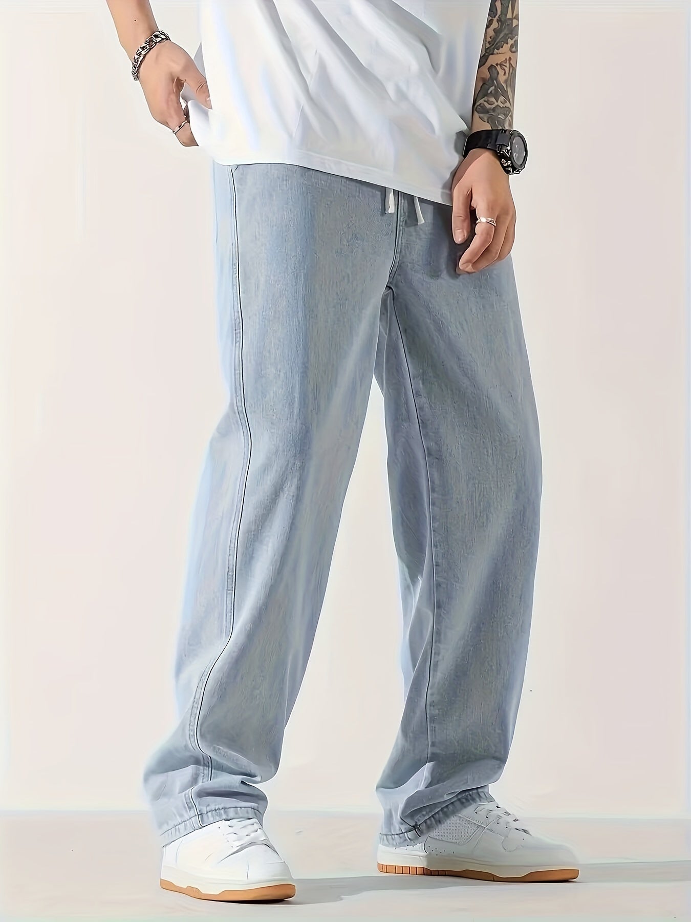 Nine 11 Men's Casual Light Blue Jeans, Loose Straight Trousers, Versatile Drawstring Elastic Waist Band Long Pants - Nine 11