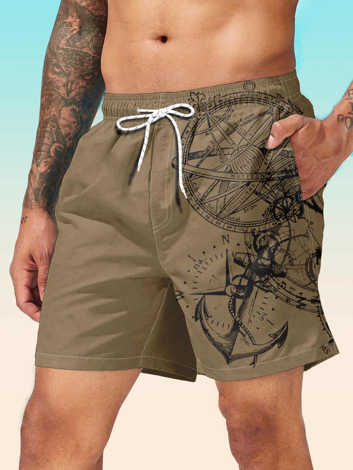 Nine 11 Men's Compass And Anchor Graphic Print Board Shorts With Pockets, Casual Drawstring Shorts For Beach Summer Holiday Swimming Surfing - Nine 11