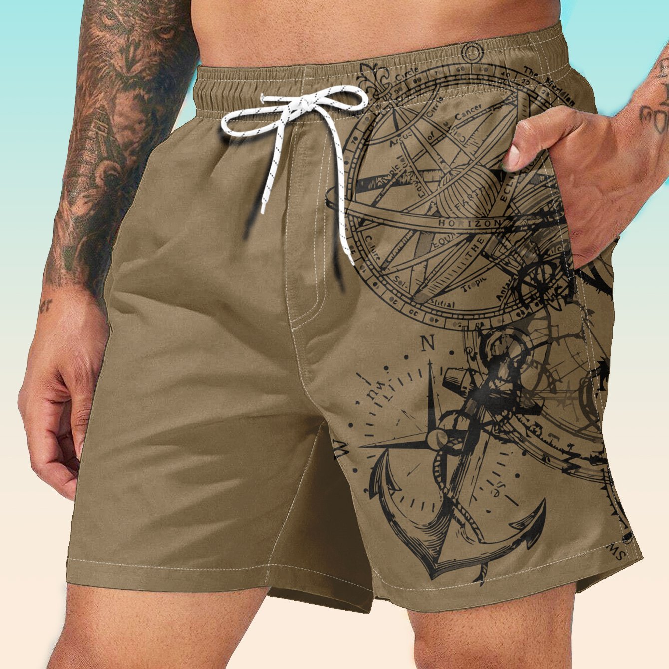 Nine 11 Men's Compass And Anchor Graphic Print Board Shorts With Pockets, Casual Drawstring Shorts For Beach Summer Holiday Swimming Surfing - Nine 11