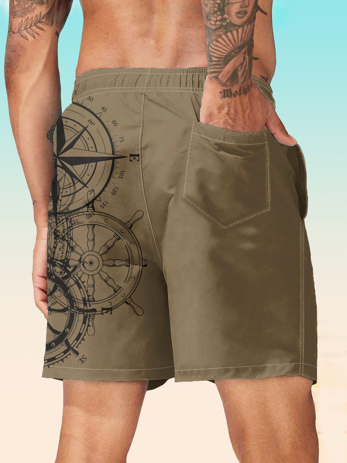 Nine 11 Men's Compass And Anchor Graphic Print Board Shorts With Pockets, Casual Drawstring Shorts For Beach Summer Holiday Swimming Surfing - Nine 11