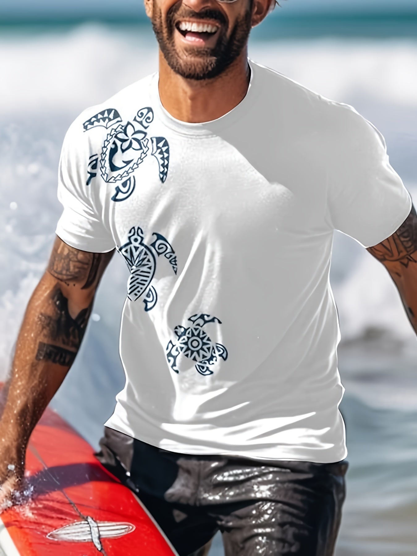 Nine 11 Men's Ethnic Style Sea Turtle Graffiti Print T-shirt, Crew Neck And Short Sleeve Tee, Summer Fashion Tops For Outdoors And Holiday Wear - Nine 11