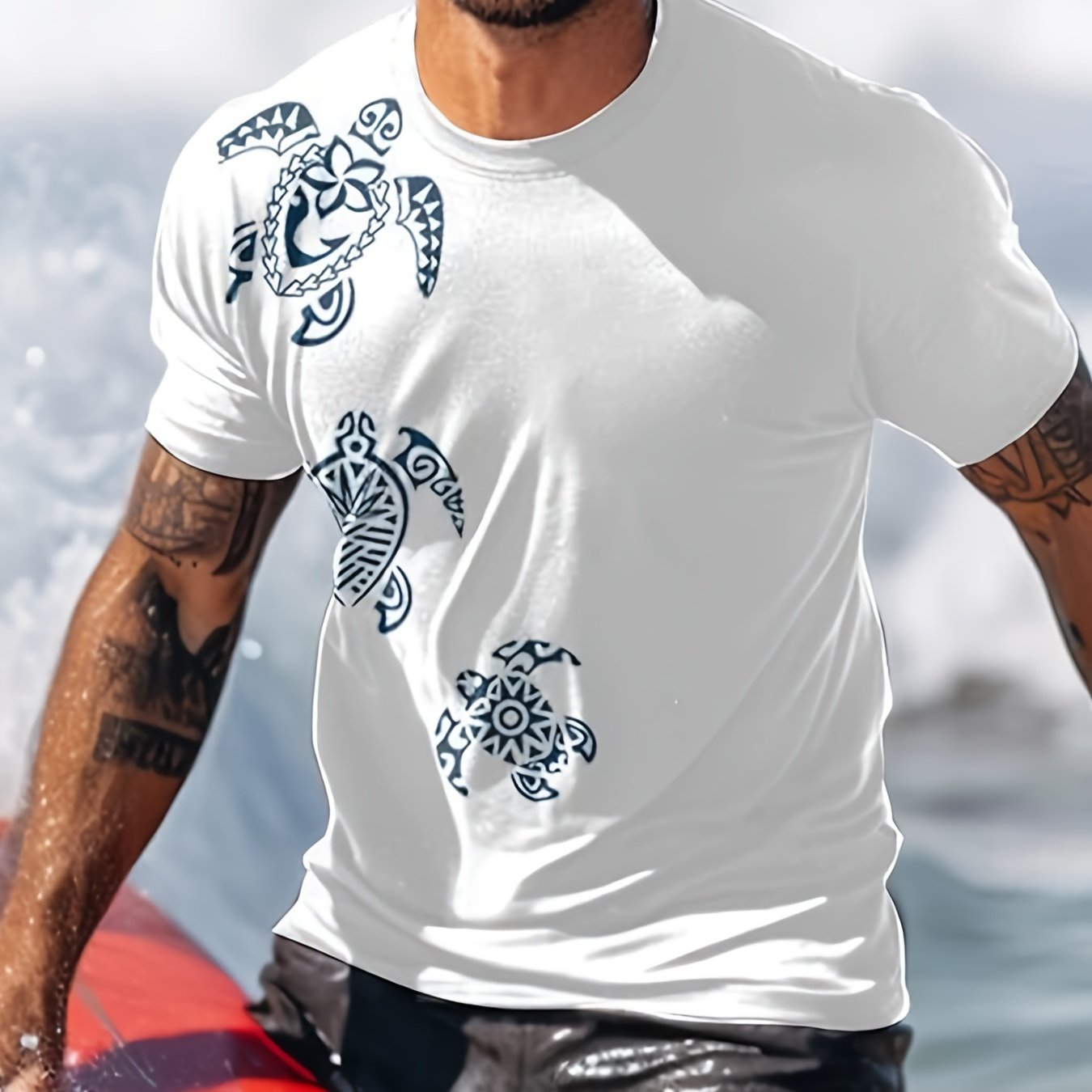 Nine 11 Men's Ethnic Style Sea Turtle Graffiti Print T-shirt, Crew Neck And Short Sleeve Tee, Summer Fashion Tops For Outdoors And Holiday Wear - Nine 11