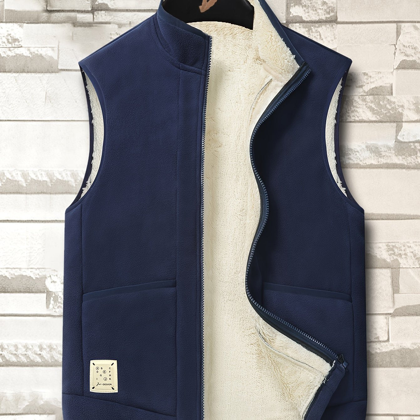 Nine 11 Men's Label Patched Fleece Lining Sleeveless Zipper Vest - Casual Trendy Varsity Vest Outdoor Autumn And Winter Clothes - Nine 11