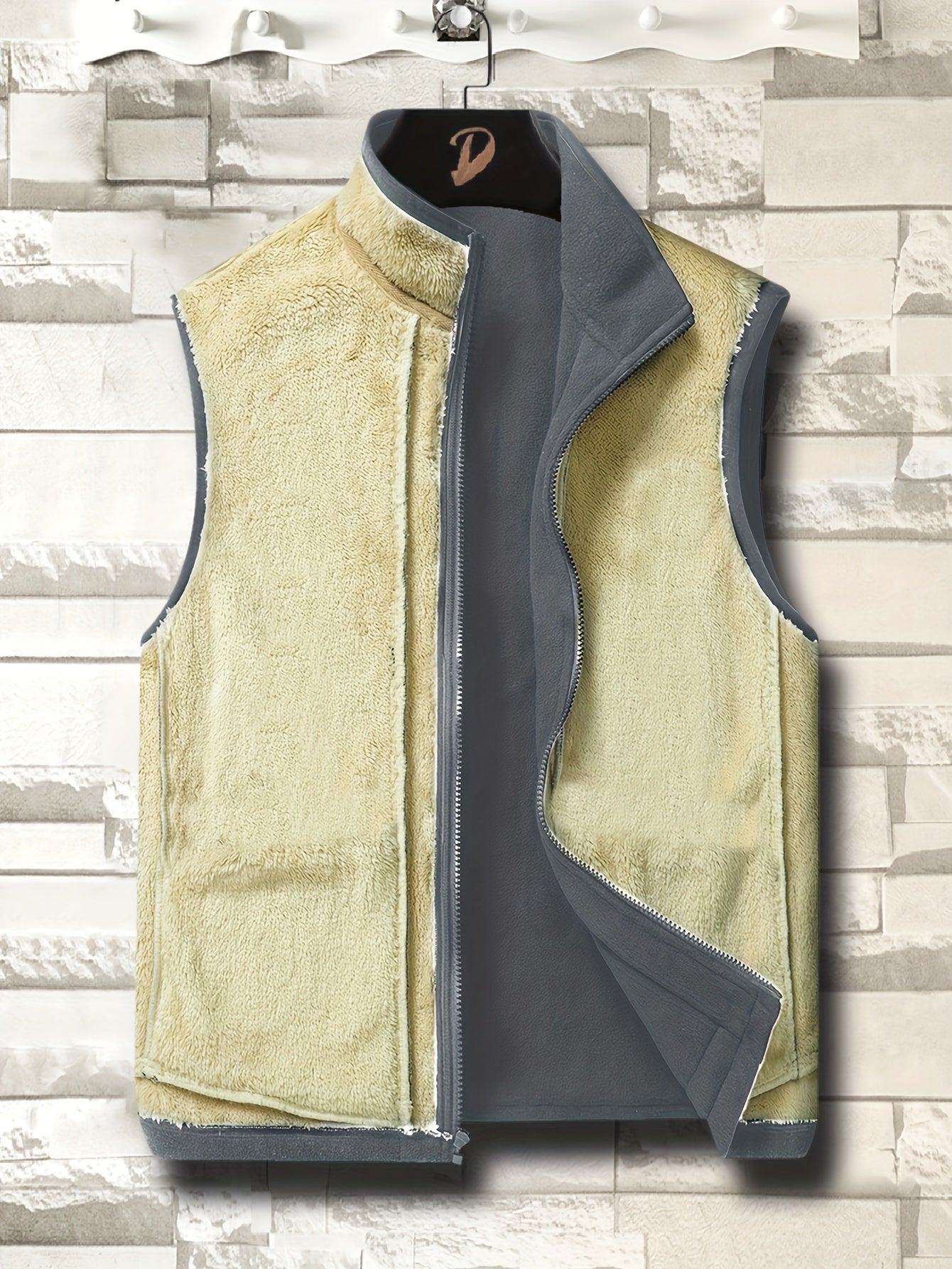 Nine 11 Men's Label Patched Fleece Lining Sleeveless Zipper Vest - Casual Trendy Varsity Vest Outdoor Autumn And Winter Clothes - Nine 11