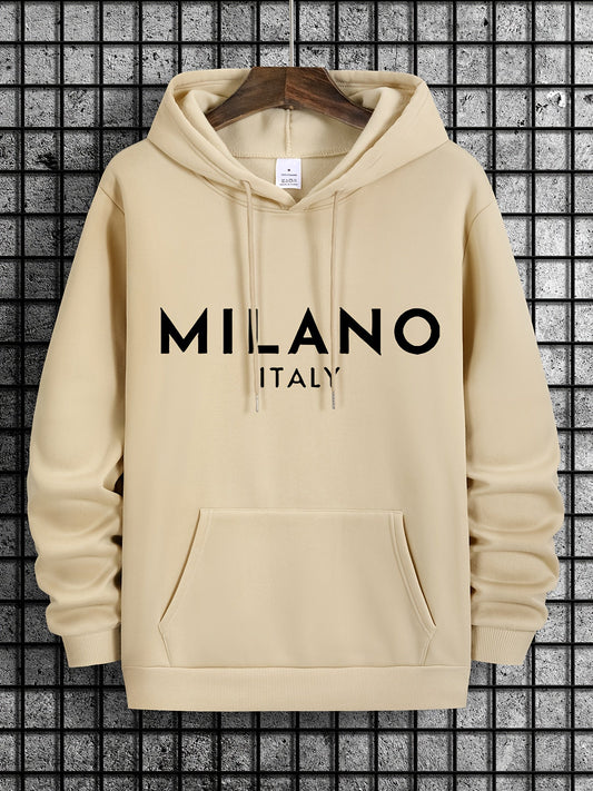 Nine 11 Men's New Italy Milano Letter Print Casual Sweatshirt, Fashion Drawstring Hoodie, Comfortable Versatile Long Sleeve Sweatshirt With Hood For Autumn And Winter - Nine 11