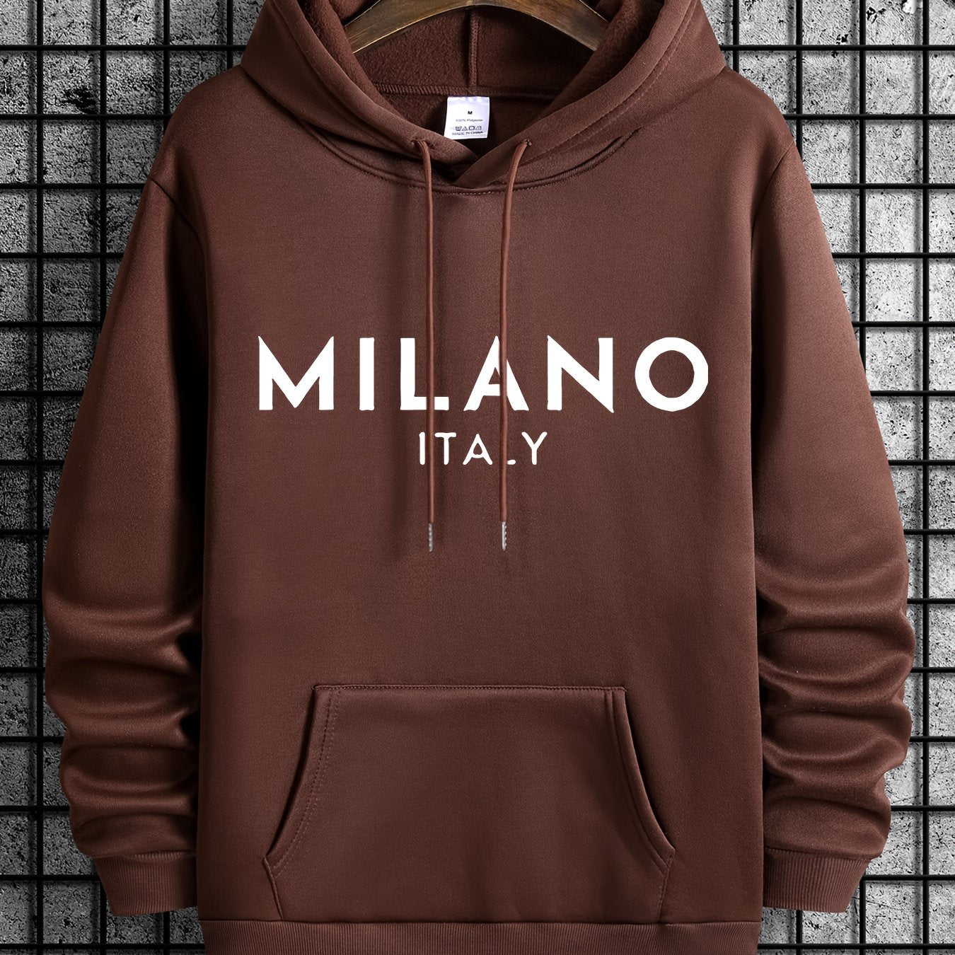 Nine 11 Men's New Italy Milano Letter Print Casual Sweatshirt, Fashion Drawstring Hoodie, Comfortable Versatile Long Sleeve Sweatshirt With Hood For Autumn And Winter - Nine 11