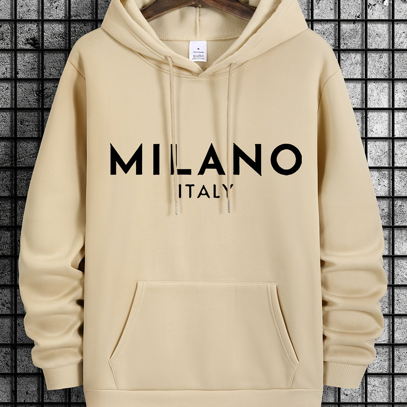 Nine 11 Men's New Italy Milano Letter Print Casual Sweatshirt, Fashion Drawstring Hoodie, Comfortable Versatile Long Sleeve Sweatshirt With Hood For Autumn And Winter - Nine 11