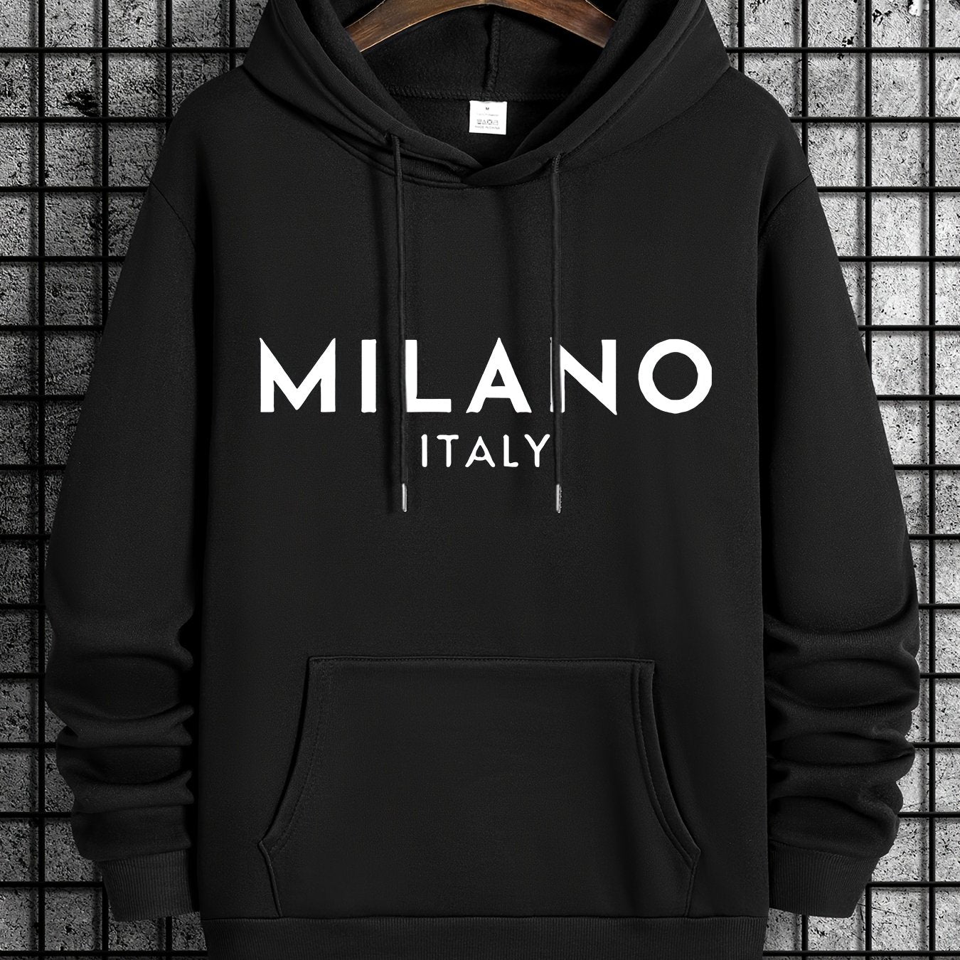 Nine 11 Men's New Italy Milano Letter Print Casual Sweatshirt, Fashion Drawstring Hoodie, Comfortable Versatile Long Sleeve Sweatshirt With Hood For Autumn And Winter - Nine 11