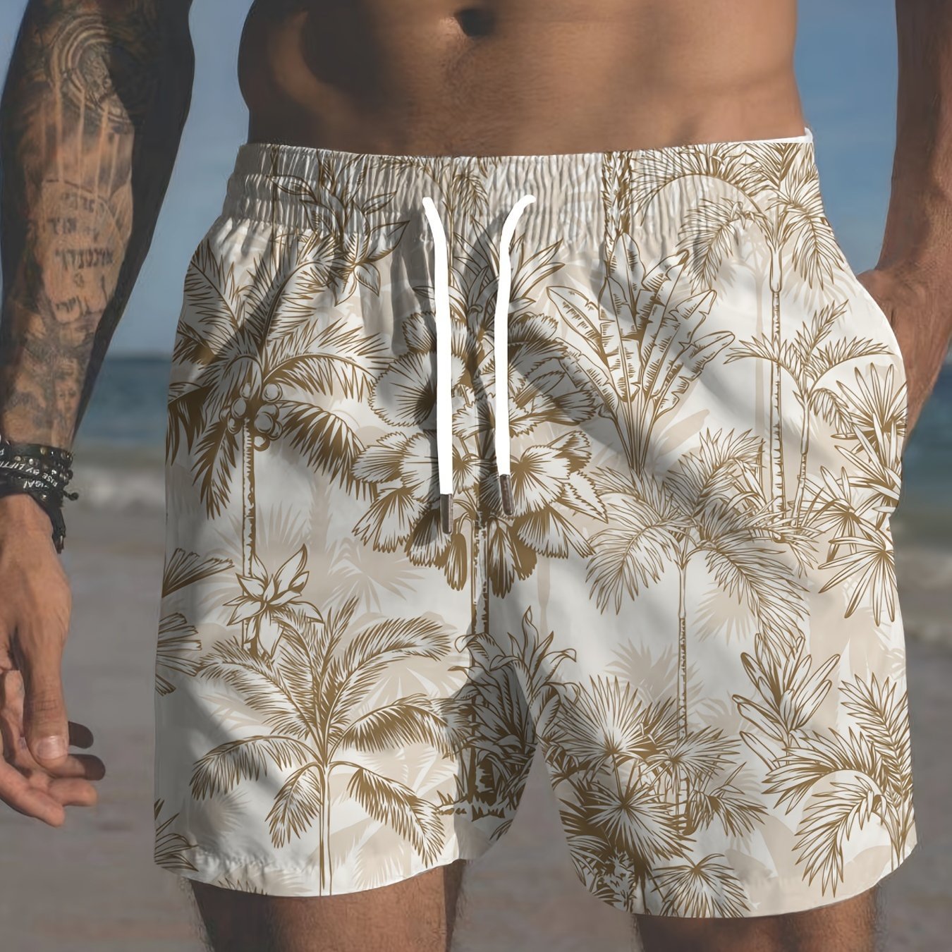 Nine 11 Men's Plus Size Palm Trees Print Hawaiian Beach Shorts, Breathable Casual Swim Trunks With Pockets - Nine 11