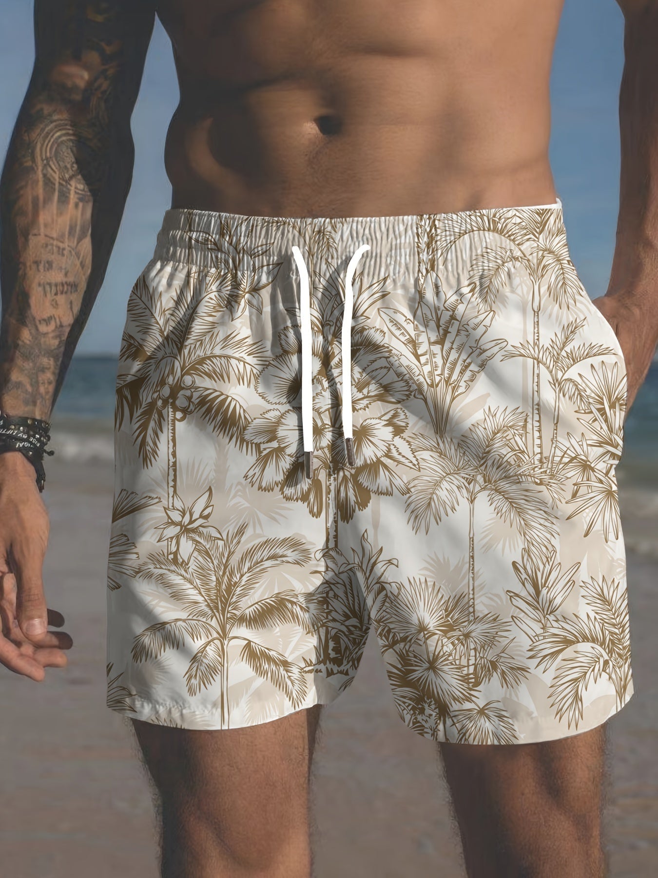 Nine 11 Men's Plus Size Palm Trees Print Hawaiian Beach Shorts, Breathable Casual Swim Trunks With Pockets - Nine 11