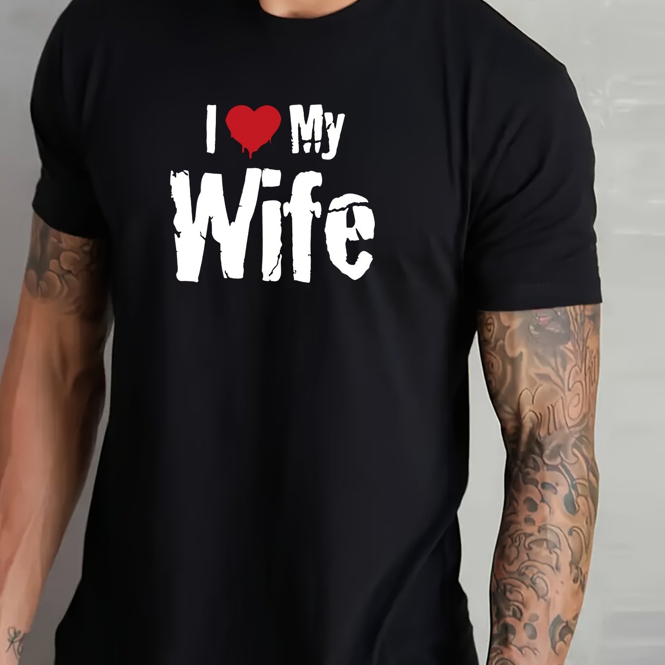 Nine 11 Men's Pure Cotton T-shirt, 'I LOVE MY WIFE' Print Short Sleeve Crew Neck Tees For Summer, Casual Outdoor Comfy Clothing For Male - Nine 11