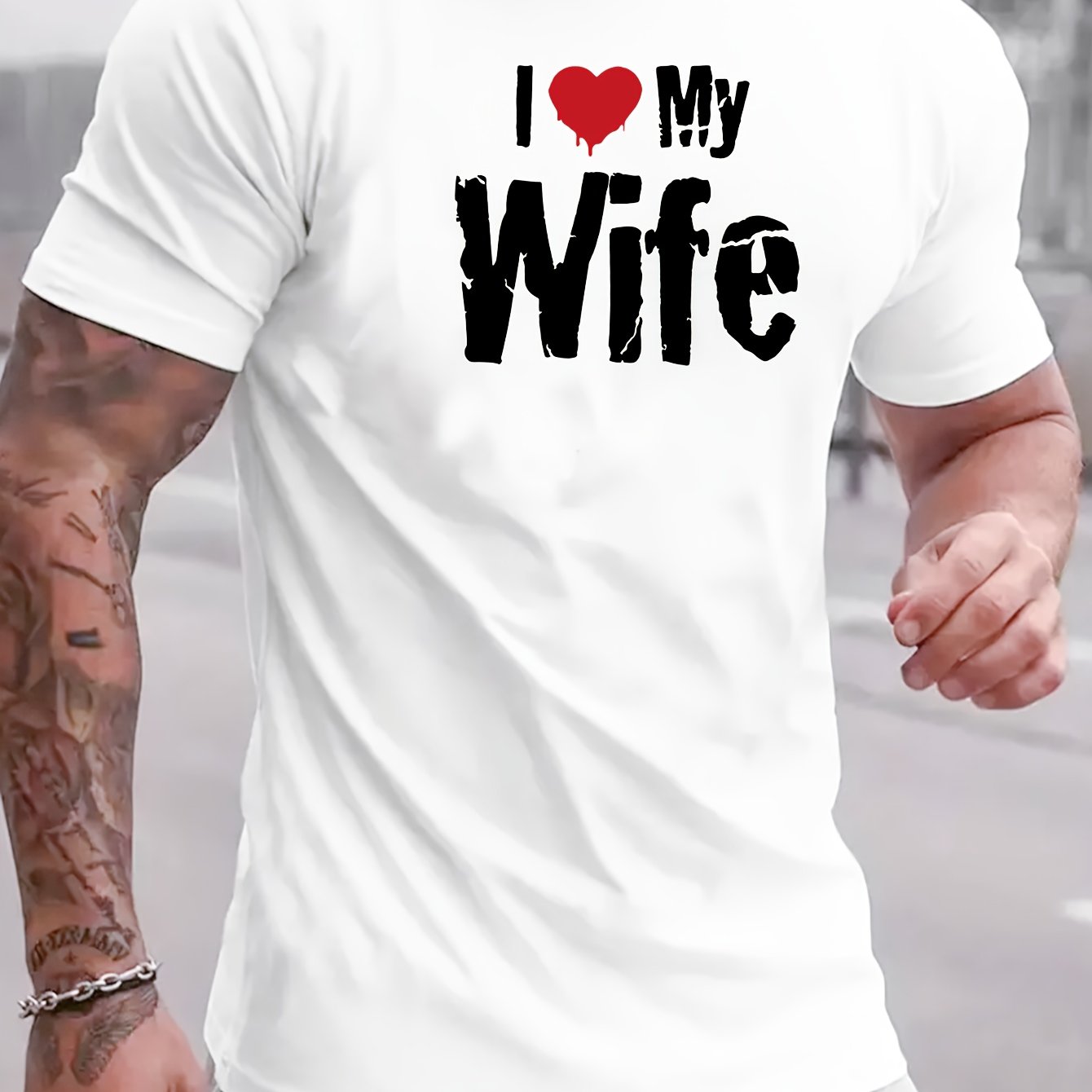 Nine 11 Men's Pure Cotton T-shirt, 'I LOVE MY WIFE' Print Short Sleeve Crew Neck Tees For Summer, Casual Outdoor Comfy Clothing For Male - Nine 11