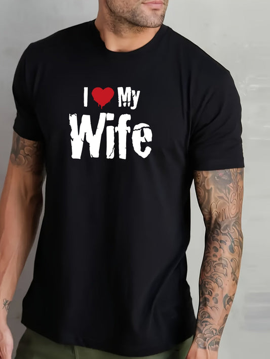 Nine 11 Men's Pure Cotton T-shirt, 'I LOVE MY WIFE' Print Short Sleeve Crew Neck Tees For Summer, Casual Outdoor Comfy Clothing For Male - Nine 11