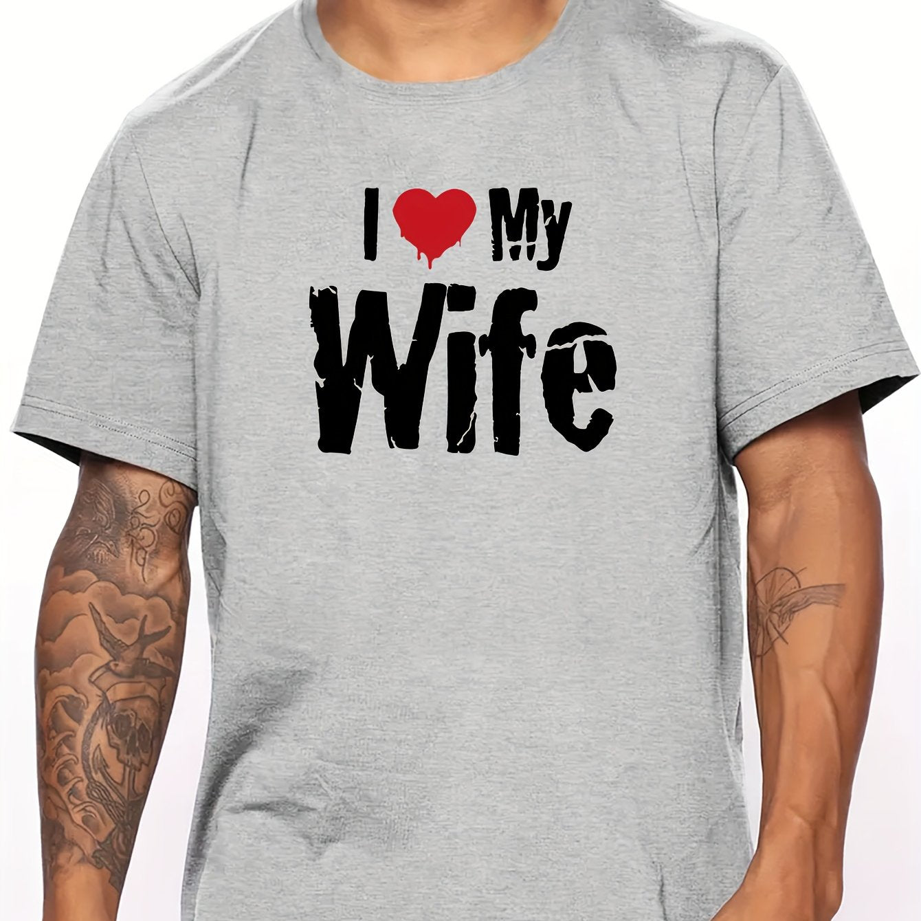 Nine 11 Men's Pure Cotton T-shirt, 'I LOVE MY WIFE' Print Short Sleeve Crew Neck Tees For Summer, Casual Outdoor Comfy Clothing For Male - Nine 11