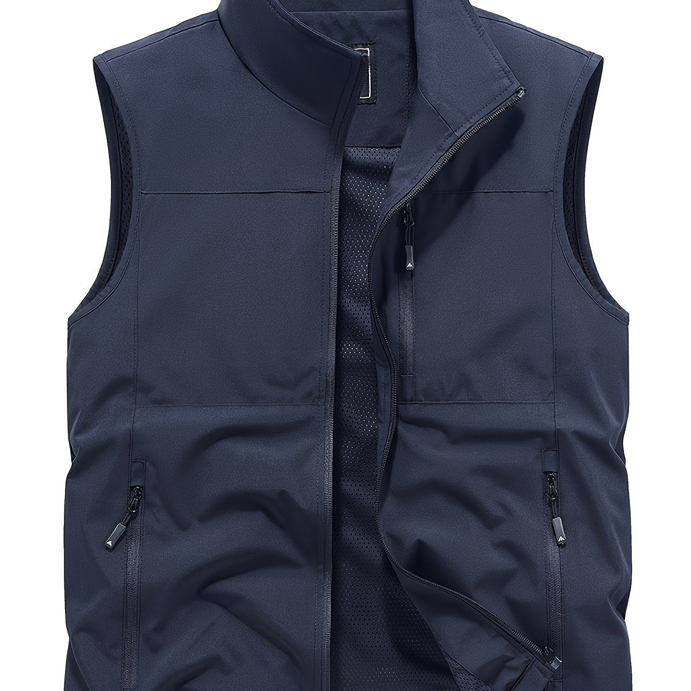 Nine 11 Men's Solid Sleeveless Jacket With Zipper Pockets, Casual Zip Up Stand Collar Vest For Spring Fall Outdoor Activities - Nine 11