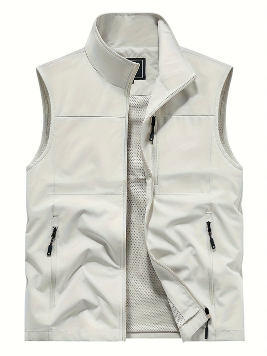 Nine 11 Men's Solid Sleeveless Jacket With Zipper Pockets, Casual Zip Up Stand Collar Vest For Spring Fall Outdoor Activities - Nine 11