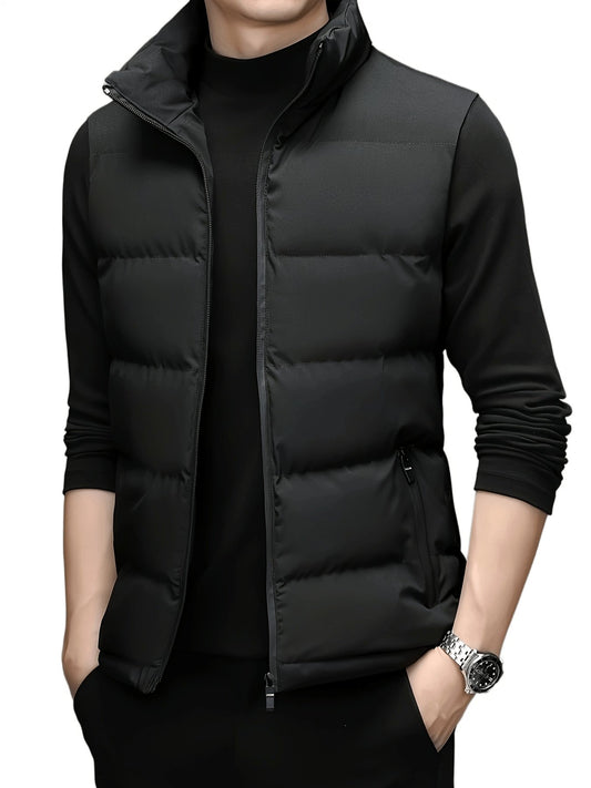 Nine 11 Men's Stylish Solid Sleeveless Puffer Coat With Pockets, Casual Breathable Stand Collar Zip Up Warm Tank Top For City Walk Street Hanging Winter Outdoor Activities - Nine 11