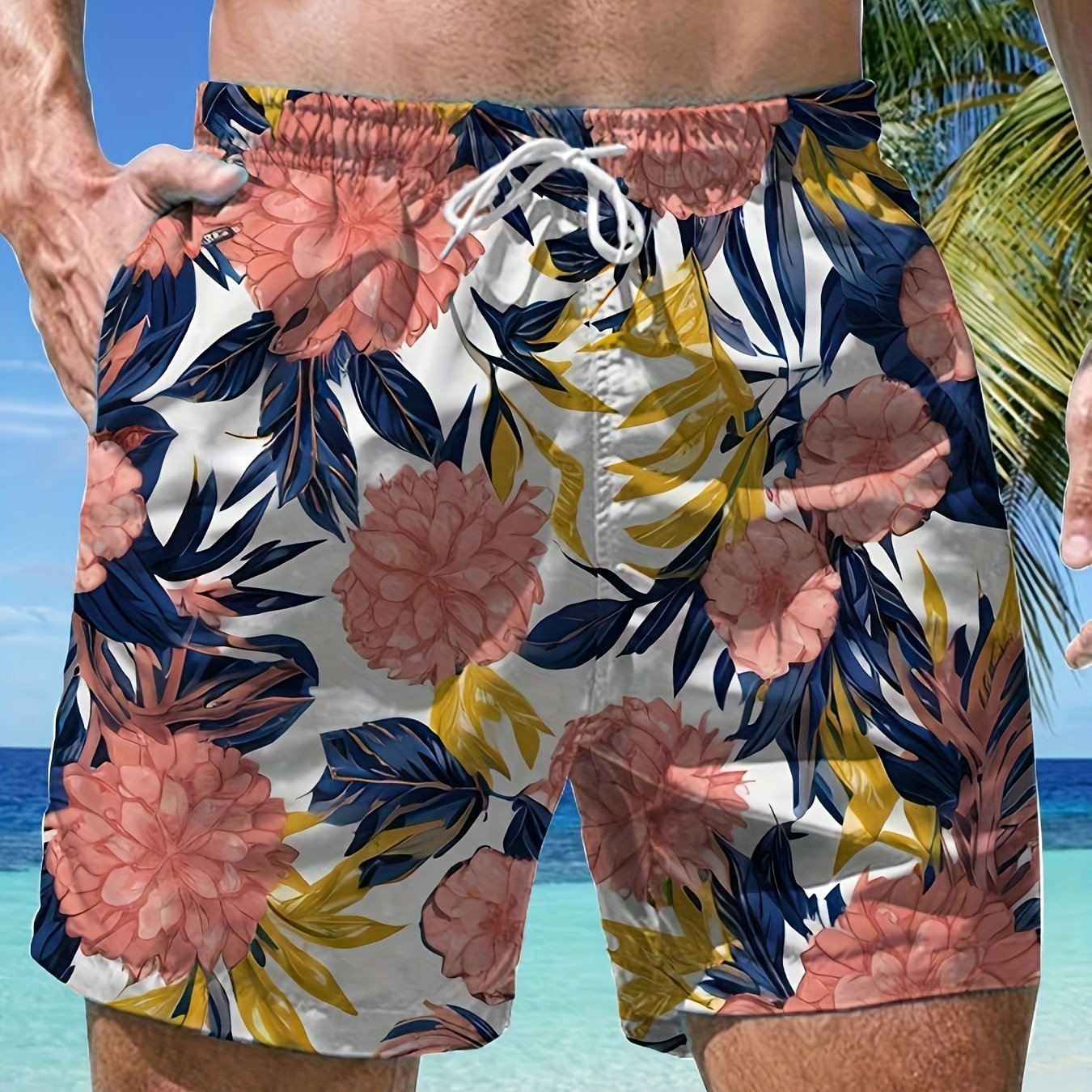 Nine 11 Men's Tropical Floral Print Beach Shorts - Quick - Dry, Breathable Fabric With Drawstring Waist & Pockets - Nine 11