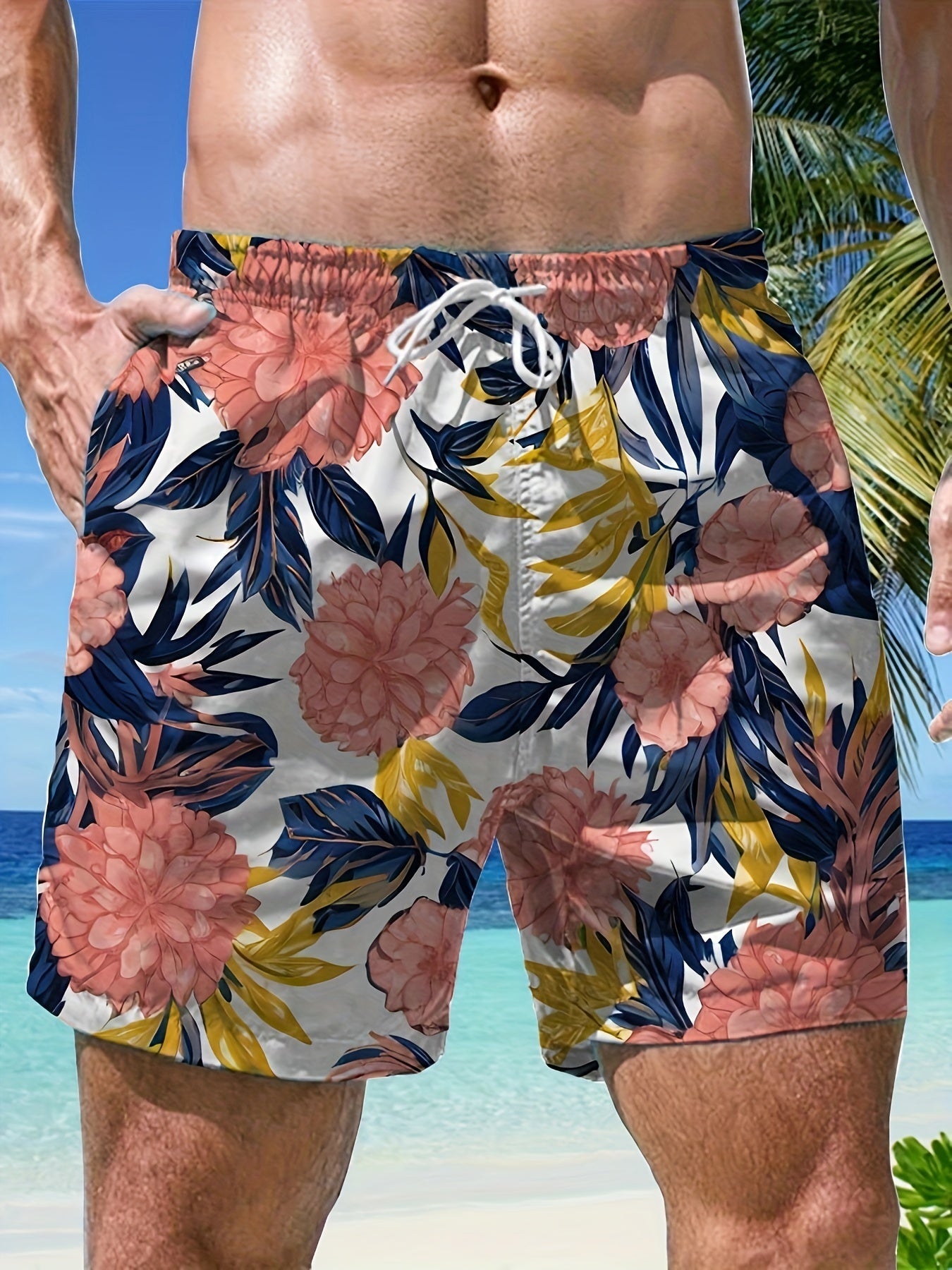 Nine 11 Men's Tropical Floral Print Beach Shorts - Quick - Dry, Breathable Fabric With Drawstring Waist & Pockets - Nine 11