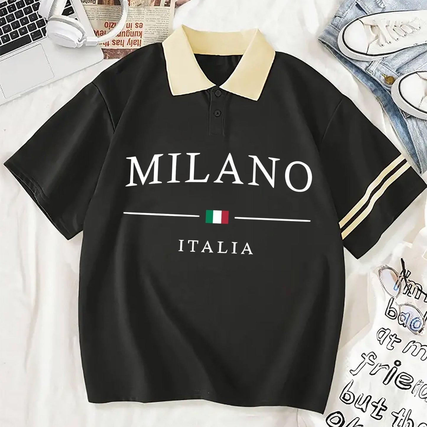 Nine 11 Milano Print Loose Polo T-shirt, Casual Short Sleeve Collared Sporty Top For Summer & Spring, Women's Clothing - Nine 11