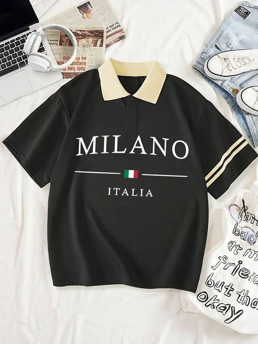 Nine 11 Milano Print Loose Polo T-shirt, Casual Short Sleeve Collared Sporty Top For Summer & Spring, Women's Clothing - Nine 11