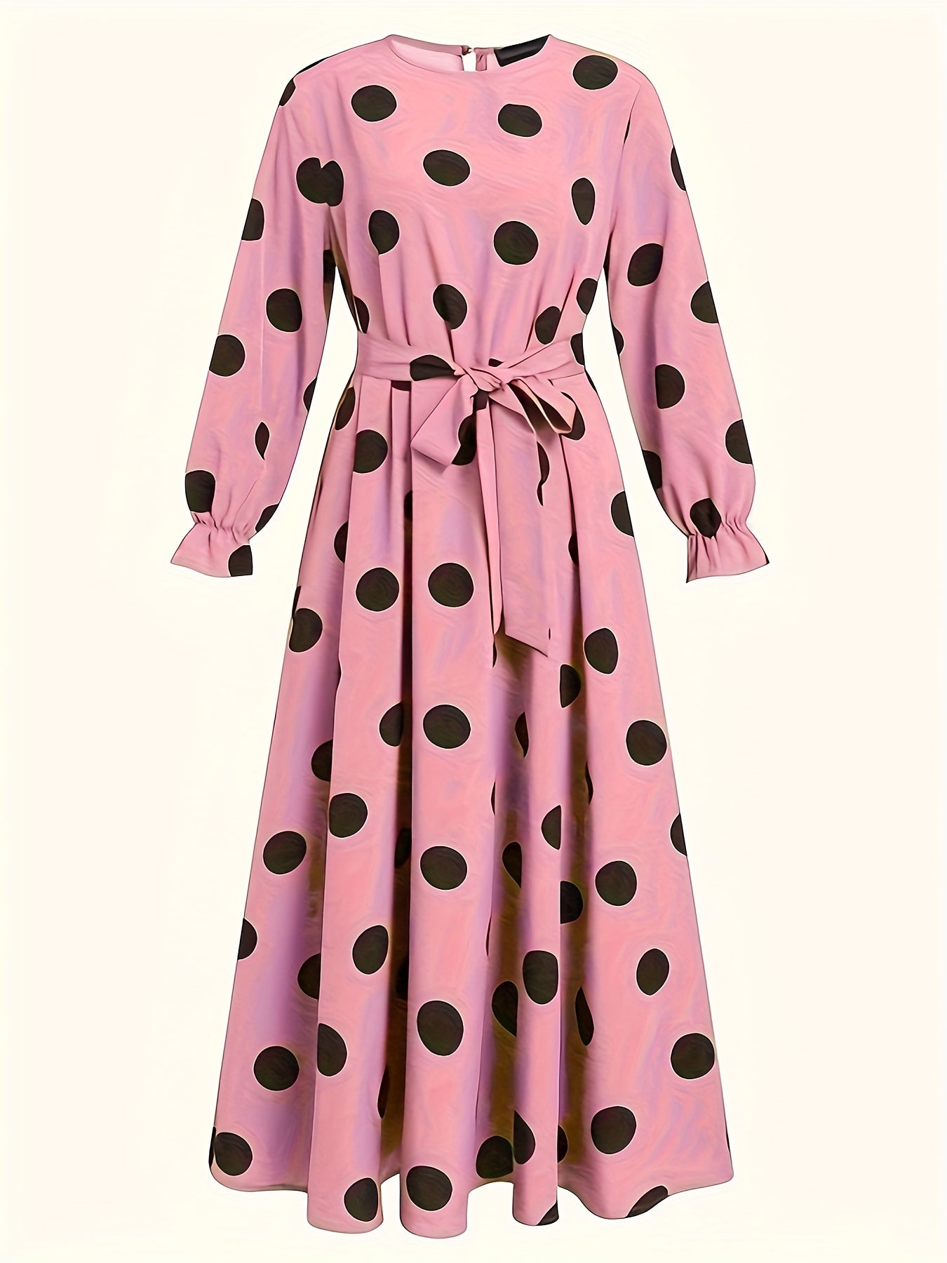 Nine 11 Polka Dot Print Crew Neck Dress, Elegant Long Sleeve Belted Dress, Women's Clothing - Nine 11