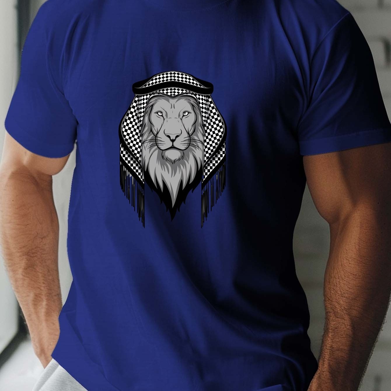 Nine 11 Regal Lion With Keffiyeh Print Men's Short Sleeve T-shirt, Comfy Stretchy Trendy Tees For Summer, Casual Daily Style Fashion Clothing - Nine 11