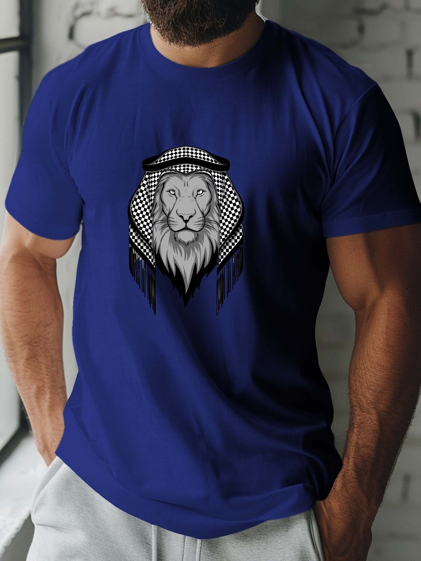 Nine 11 Regal Lion With Keffiyeh Print Men's Short Sleeve T-shirt, Comfy Stretchy Trendy Tees For Summer, Casual Daily Style Fashion Clothing - Nine 11