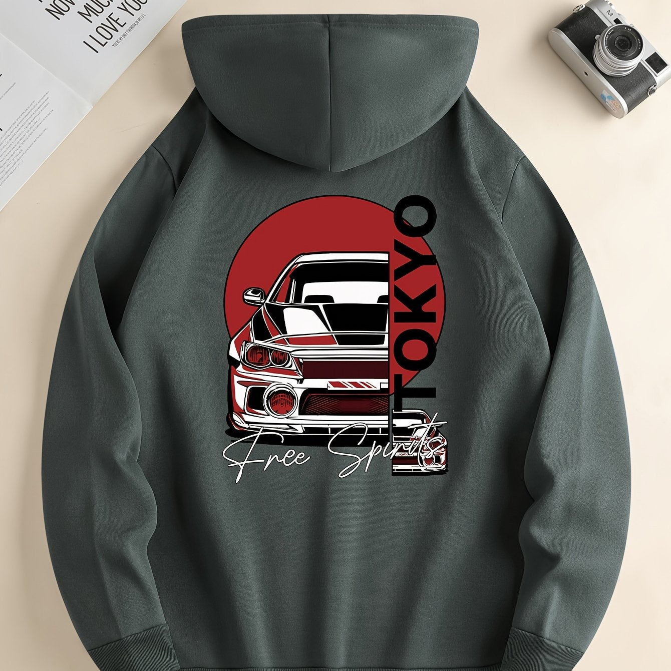 Nine 11 Retro Car Print Men's Pullover Round Neck Hoodies With Kangaroo Pocket & Drawstring Long Sleeve Hooded Sweatshirt Loose Casual Top For Autumn Winter Men's Clothing As Gifts - Nine 11