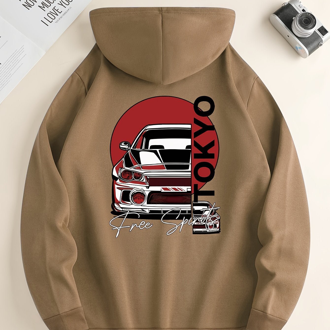 Nine 11 Retro Car Print Men's Pullover Round Neck Hoodies With Kangaroo Pocket & Drawstring Long Sleeve Hooded Sweatshirt Loose Casual Top For Autumn Winter Men's Clothing As Gifts - Nine 11